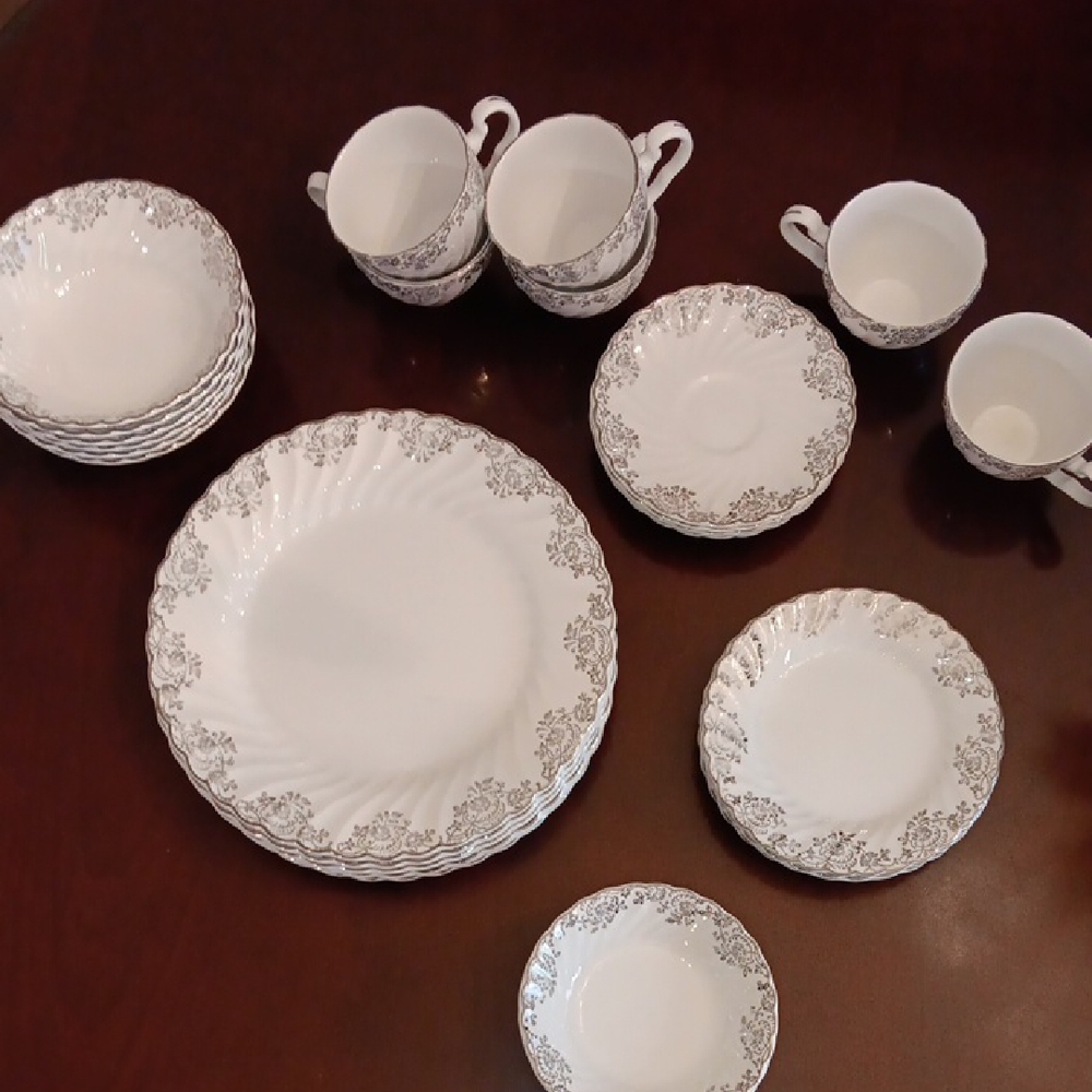 Vintage Snowwhite Regency Johnson Bro Elegant White and Silver Dinnerware Set